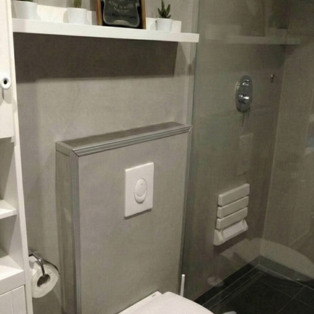 Bad Blick auf Toilette betongrauer MIkrozement